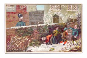 Bir tuğla duvarın arkasına saklanan ve bir polis memuruna kartopu atan çocukların bir Viktorya dönemi Noel kartı, 1880 dolayları (renkli taş) by English School