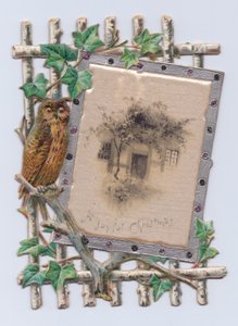 Bir kafes üzerinde bir ev resminin yanında bir baykuşun Viktorya dönemi kalıp kesim şeklinde Noel kartı, c.1880 (renkli taş) by English School