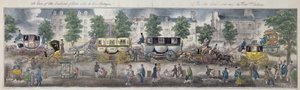 Yeni arabalarla Paris Bulvarlarından bir görünüm, 1828 (renkli gravür) by English School