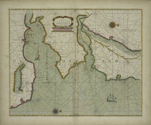 Dünyanın bilinen bölgelerindeki deniz kıyılarının çoğunun hidrografik bir tanımını içeren bir deniz atlasından İskoçya'nın doğu kıyısının bir haritası, Samuel Thornton, 1707 (elle renkli baskı) by English School