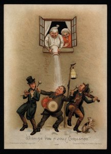Pencerelerinin dışında şarkı söyleyen şarkıcılara itiraz eden bir çift, Noel tebrik kartı (chromolitho) by English School