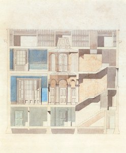Klasik bir şehir evi iç mekanı için bir kesit tasarımı, c.1840 (kalem ve mürekkepli wc) by English School