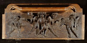 Hançerler ve kılıçlarla savaşan üç adamı betimleyen hasarlı bir misericord, New College Chapel, Oxford, 14. yüzyılın sonları (ahşap)