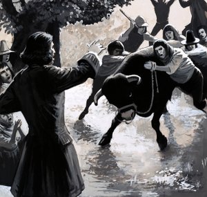 Bir grup bölücü, kalabalığın üzerine bir boğa sürerek John Wesley