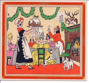 1920 dolaylarında Noel pudingi servis eden bir hizmetçinin elle boyanmış Fransız Pochoir Noel kartı by English School