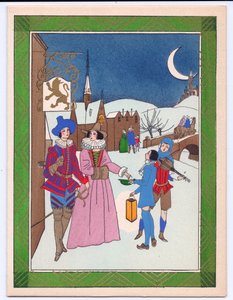 1920 dolaylarında performansları için ödüllendirilen sokak müzisyenlerinin bir Tudor sahnesinin elle boyanmış Fransız Pochoir Noel Kartı by English School