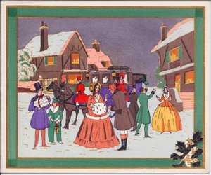 1920 dolaylarında, bir araba ve atlarla bir köy sahnesinin elle boyanmış bir Fransız Pochoir Noel kartı by English School