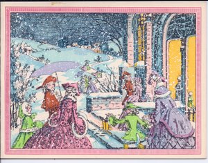 1920 dolaylarında bir malikaneye karda gelen parti müdavimlerinin elle boyanmış bir Fransız Pochoir Noel kartı by English School