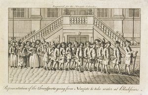Newgate Hapishanesi, Old Bailey'den bir dizi zincirleme mahkum, ulaşım için Blackfriars'a götürülüyor, c.1760 by English School