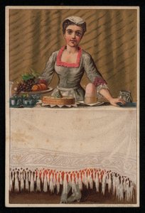 Bir hizmetçi ya da hizmetçi kız yemek, tebrik kartı ile bir masa hazırlıyor. (kromolito) by English School