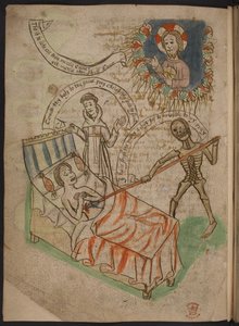 Ölüm döşeğindeki bir adam, Mandeville#39;in seyahatlerinin bir özeti veya özeti de dahil olmak üzere, Kuzey İngilizcesindeki Carthusian şiirleri, kronikleri ve incelemelerinden oluşan bir derlemeden, Add MS 37049 f.38v by English School