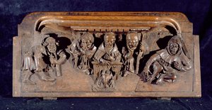 Bir panel masasında oturmuş, diz çökmüş bir tövbekâra nasihat veren bir akademisyeni betimleyen bir misericord, New College Chapel, Oxford, 14. yüzyılın sonları (ahşap)