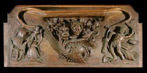Özenle oyulmuş bir hidrayı betimleyen, yedi ölümcül günahın simgesi olan, gerçekçi bir insan kafası içeren bir sefillik, New College Chapel, Oxford, 14. yüzyılın sonları (ahşap)