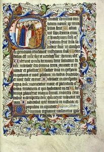 Latince bir mezmurdan bir sayfa, bir kürsü ilahisi önünde duran bir grup keşişi betimleyen tarihi bir başlangıç, c.1455 by English School