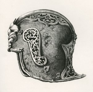 The British Army: Its Origins, Progress and Equipment, 1868'de yayınlanan bir sallet, namı diğer Salade veya Schaller savaş miğferi, MS 1450. by English School