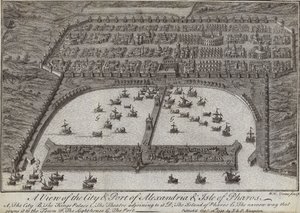 İskenderiye ve Pharos Adası şehir ve limanından bir görünüm, Mısır, 1738 by English School