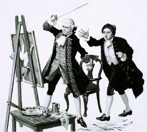 Genç bir adam, Hogarth tarafından babasının hiç de hoş olmayan bir portresini kılıçla kesti (kağıt üzerinde guaj boya) by English School
