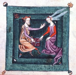 Add 42130 fol.76v Bir bahçede oturan, Luttrell Psalter