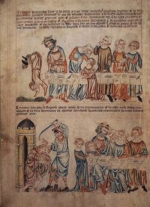Ekle 47682 f.21v Salome, Herod ve Vaftizci Yahya'nın ölümünden önce dansı, 'Holkham İncil'inden, c.1320-30 (parşömen) by English School
