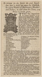 Edward Pinchbeck için reklam, Müzikal Saat, Fleet Street, Londra, 1734