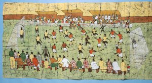 Kalabalığın tribünlerde izlediği bir futbol maçını gösteren Afrika batik (tekstil) by English School