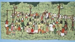 Seyircilerin izlediği Afrika batik, resimleme ve futbol maçı (tekstil)