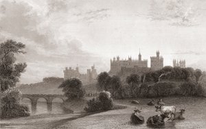 Alnwick Kalesi, Alnwick, Northumberland, İngiltere, 19. yüzyılın başlarında. Harry Potter filmlerinde mekân olarak kullanılır. Churton'ın Portre ve Manzara Galerisi'nden, 1836'da yayınlandı. by English School