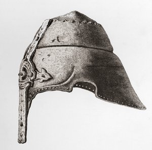 The British Army: Its Origins, Progress and Equipment'tan 12. yüzyılın başlarından bir Nazal Miğfer, 1868'de yayınlandı. by English School