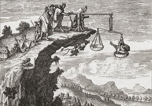 Theodorus de Bry'nin 16. yüzyıla ait bir çiziminden sonra, suçlulardan zorla itiraf almanın alışılmadık bir yöntemi. Sahne, suçluyu adaletsizliğin terazisinde otururken, bir rahip itirafını almaya hazır bir şekilde uçurumun üzerinden eğilirken gösterir by English School
