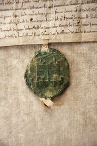 William de Albini IV için yapılmış orijinal kale resmine sahip antik mühür, c.1267 (kağıt ve mum) by English School