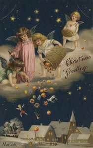 Noel hediyelerini yeryüzüne döken melekler (chromolitho) by English School