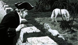 Sanatçı George Stubbs, bir aslanın bir Berberi atına doğru çalmasını izledi (kağıt üzerinde guaj boya) by English School