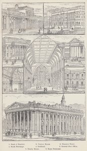 İngiltere Bankası, Gümrük Binası, Malikane Evi, Menkul Kıymetler Borsası, Guildhall, Genel Postane, Trinity House, Kraliyet Borsası (gravür) by English School