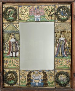 Boncuklu Ayna, c. 1672-79 (meşe kaplamalı ipek saten zemin üzerine cam boncuklar ve payetler ile ipek, metal ve deri ipler) by English School