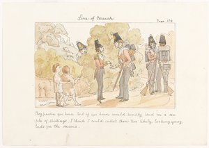 Affedersiniz şerefiniz, ama eğer şerefiniz bana birkaç şilin ödünç verirse, sanırım o iki muhtemel genç delikanlıyı davul için yazabilirim, c.1850 (kağıt üzerine suluboya) by English School