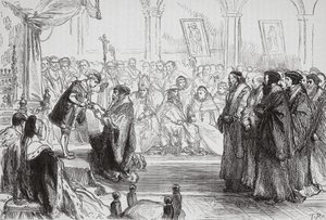 Beza, Poissy Konuşmasında Krala Fransız Protestan Kilisesi'nin İtirafını sunarken, James Aitken Wylie'nin (1808-1890) Protestanlığın Tarihinden bir örnek, pub. 1878 (tur by English School
