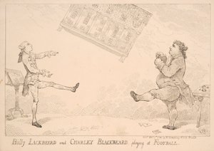 Billy Blackbeard ve Charley Blackbeard futbol oynuyor, Doğu Hindistan Yasa Tasarısına atıfta bulunan hicivli karikatür, W. Humphrey tarafından yayınlandı, 1744 by English School