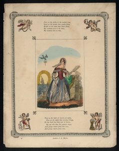 Bir kadına aşk mektubu getiren kuş, aşk şiiri (renkli gravür) by English School