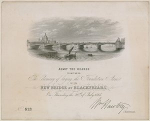 Blackfriars Köprüsü. Temel atma törenine davet, 20 Temmuz 1865 by English School