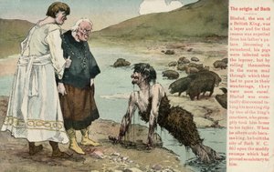 Bath şehrini kurduğu söylenen efsanevi Britanya Kralı Bladud (renkli taş) by English School