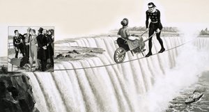Blondin (Francois Gravelet), bir el arabasını Niagara Şelalesi üzerinde bir ipin üzerinden itiyor. by English School