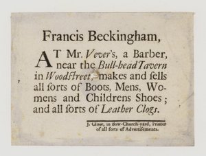 Boot and Shoemakers, Francis Beckingham, ticari kart by English School