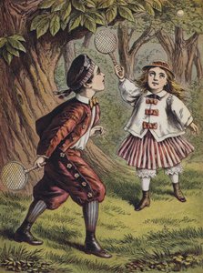 Sopa ve topla oynayan kız ve erkek çocuk (renkli taş baskı) by English School