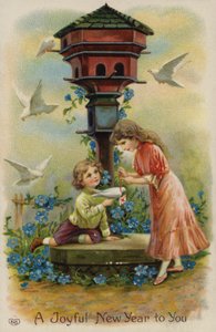 Güvercinle Noel tebriği gönderen kız ve erkek çocuk (kromolito) by English School