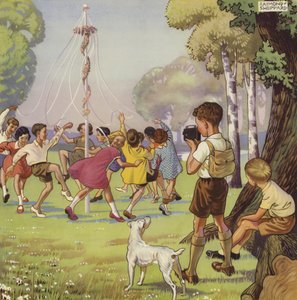 Bir Mayıs Kutbu etrafında dans eden çocukları filme alan çocuk (renkli taş) by English School