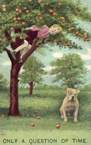 Elma ağacındaki çocuk, aşağıda köpeğiyle onun düşmesini bekliyor (renkli taş) by English School