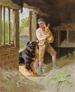 Çiftlikte köpeği ve tavşanı olan bir çocuk (chromolitho) by English School