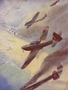Alman bombardıman uçaklarına saldıran İngiliz uçakları (renkli lito) by English School