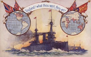 Britanya İmparatorluğu haritaları ve bayrakları ile İngiliz savaş gemisi (renkli taş baskı) by English School