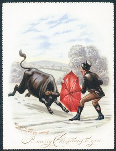Boğa Kırmızı Şemsiyeye Dolduruyor, Noel Kartı